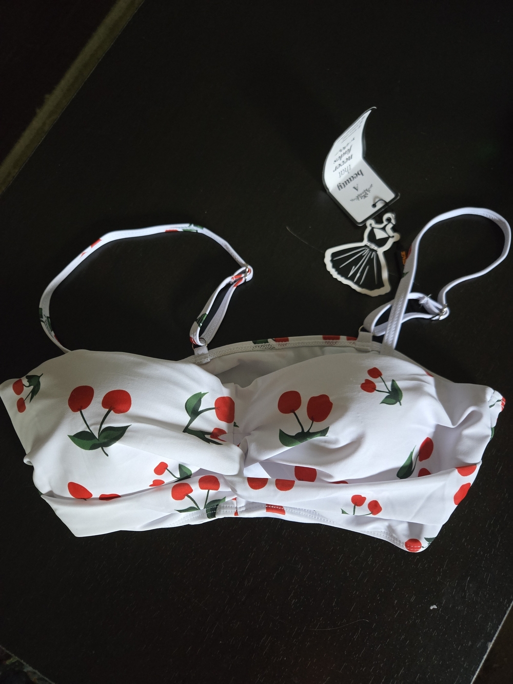 White Cherry Print Bandeau Bikini Top - Retro Stage - Size XL